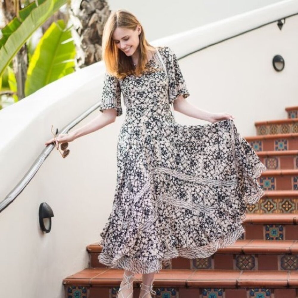 Rebecca Taylor silk black and cream floral maxi dress